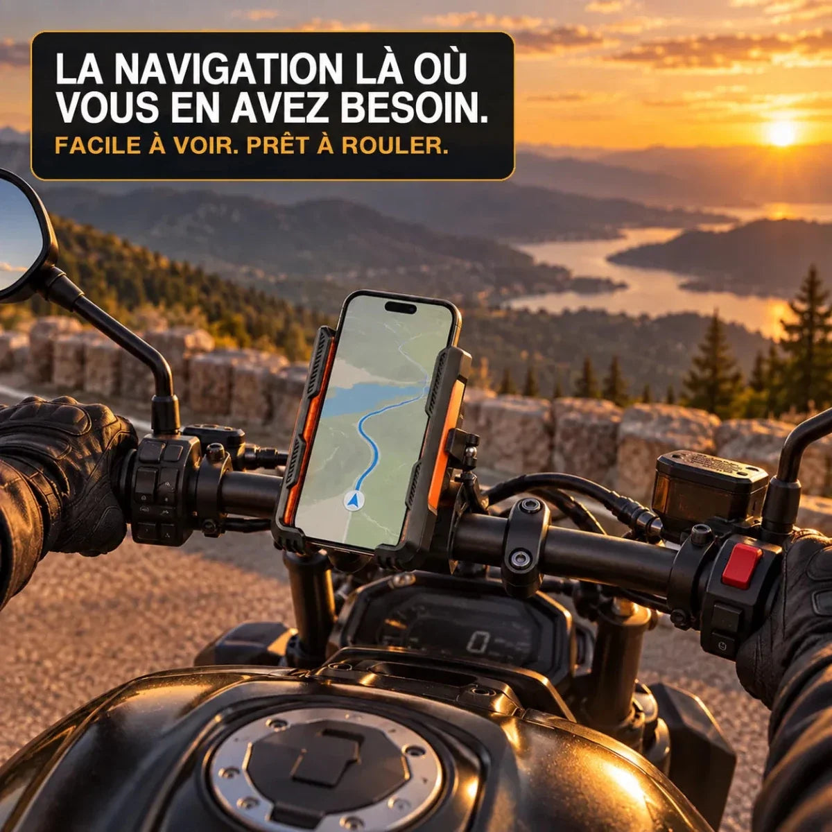 Support téléphone moto Velapt Cap, navigation visible depuis la selle