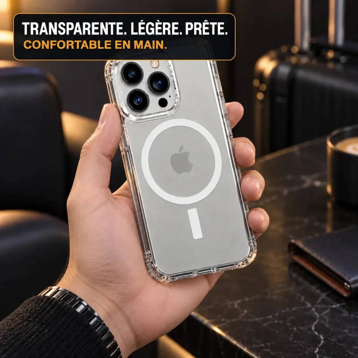 Coque iPhone transparente Velapt Vernis, transparente, légère et prête à rouler