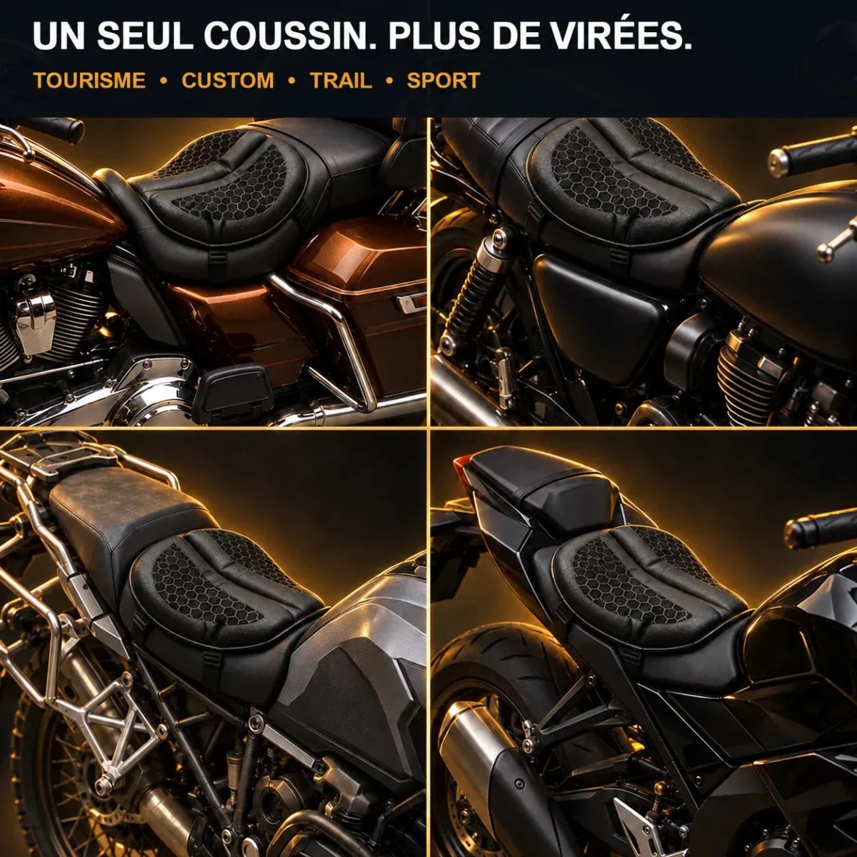 Coussin de selle moto Velapt Grand Tour, compatible custom, bagger, trail et sportive